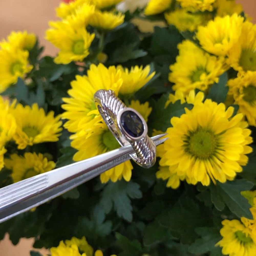 Judith Ripka .925 Sterling Silver Oval Iolite Bezel Set Rope Pattern Ring 9